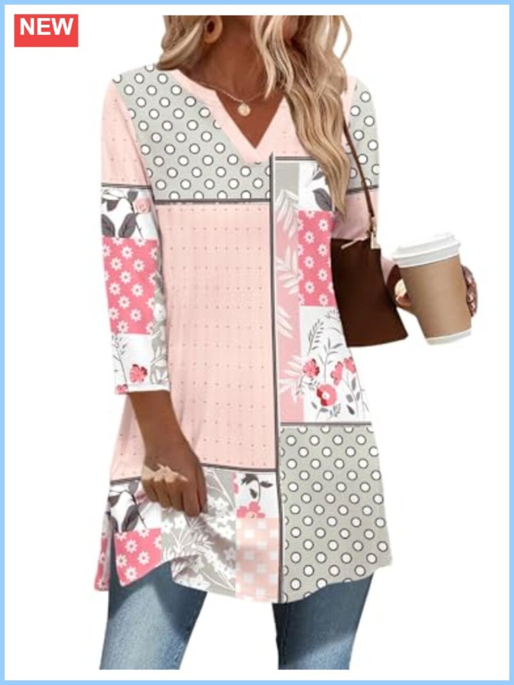 3/4 Sleeve Women's V-Neck Boho Tunic Top Side Slit Blouse Plus Size